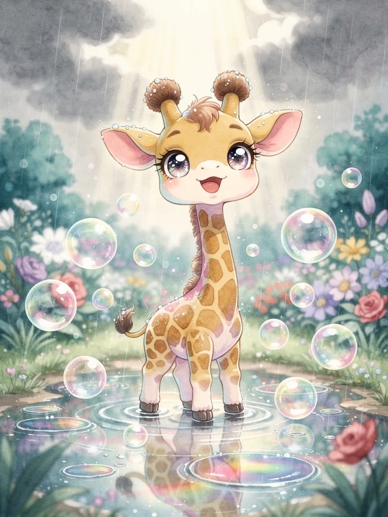 Tierna jirafa bebé chibi jugando bajo la lluvia de verano