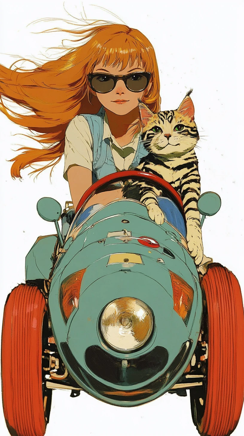 Ilustración de chica pelirroja conduciendo un auto de carreras verde