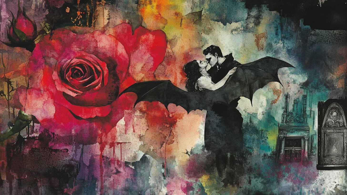 Vampire And Bat Dancing Above A Watercolor Rose