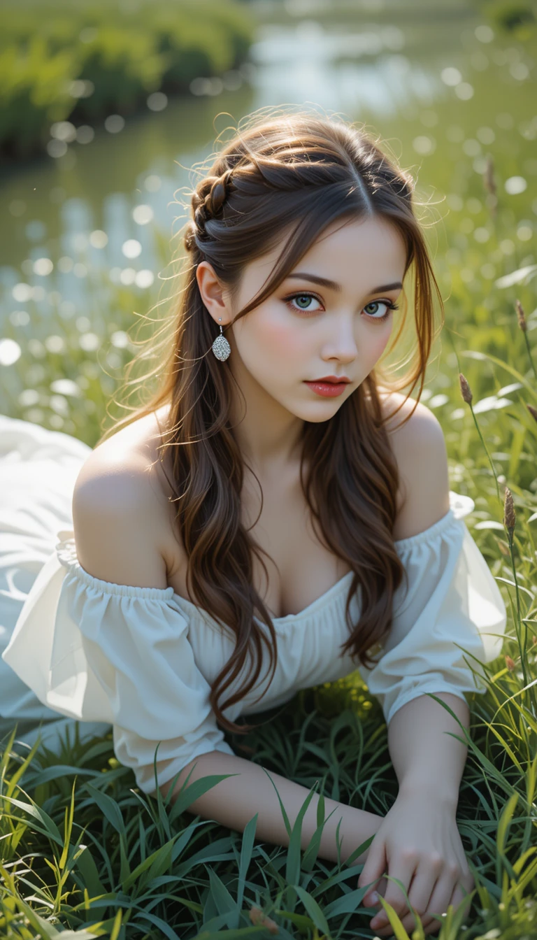 Young woman in white dress lying in sunny grass
