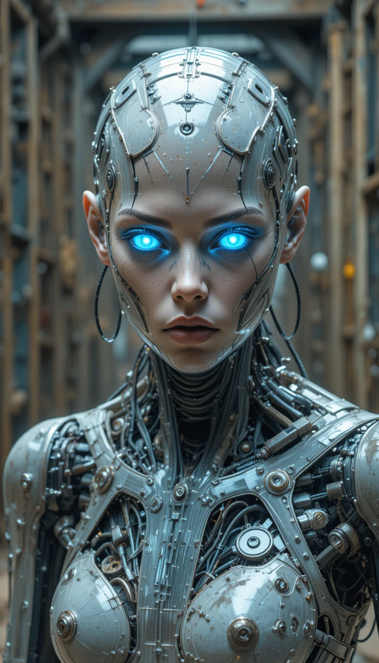 Close up cyborg portrait in gritty industrial surroundings