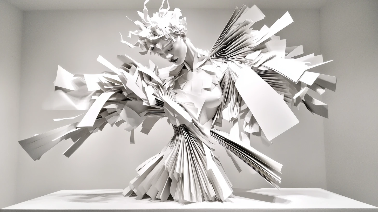 Escultura femenina abstracta que se disuelve en geometría fragmentada