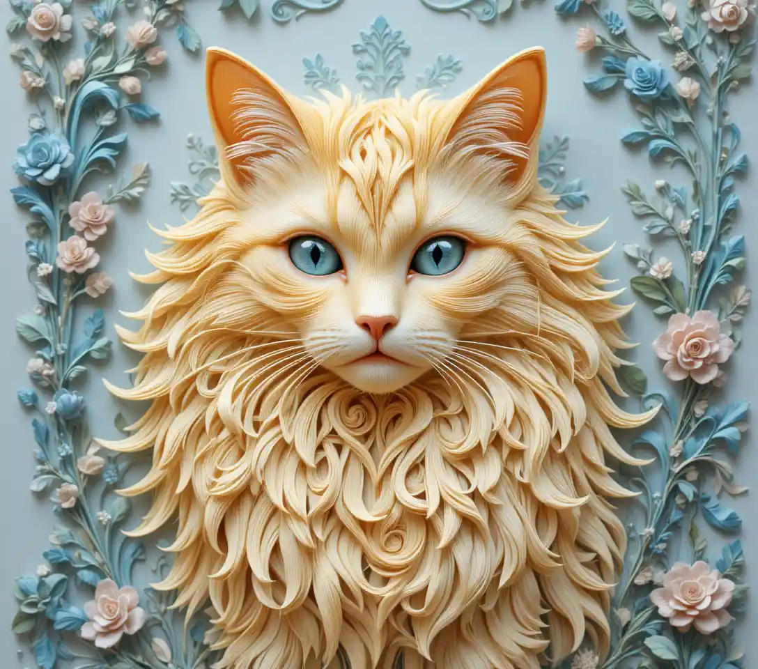 Gato em quilling de papel em tons pastéis com olhos verde-azulados e filigrana floral