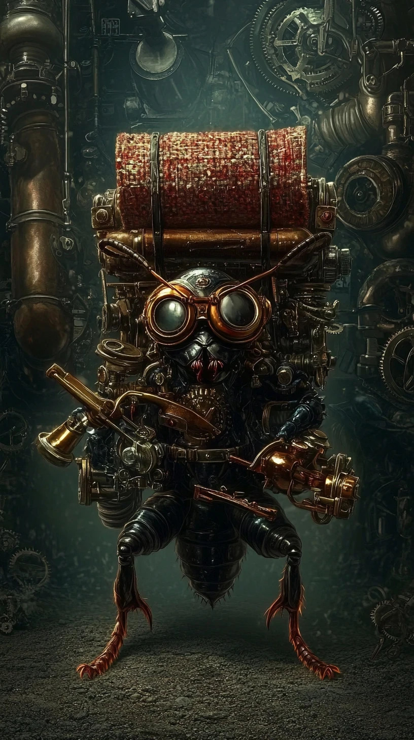 Steampunk ant with goggles amid Victorian clockwork pipes