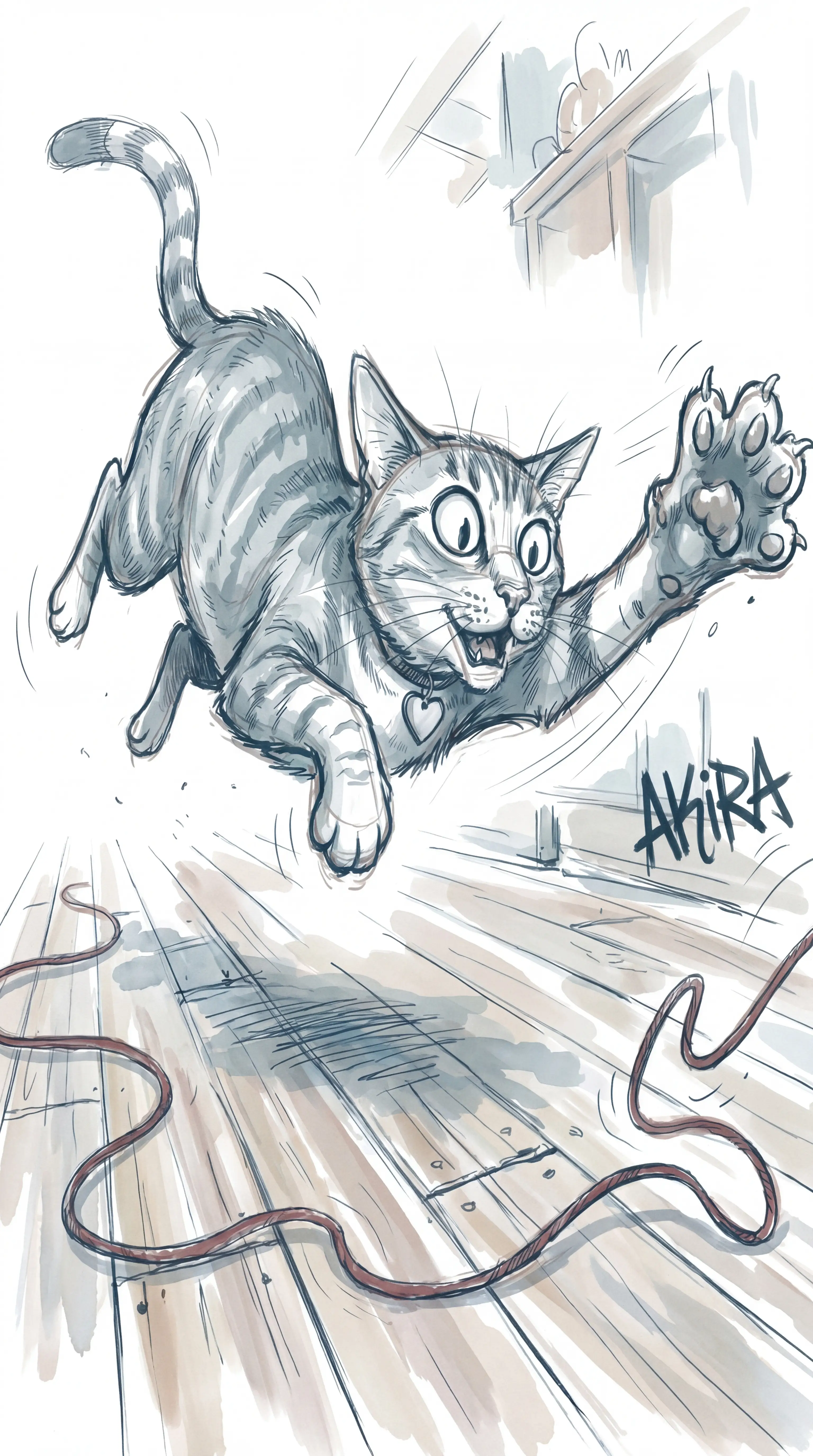 Sketch of a playful tabby cat pouncing mid-air toward a string on a wooden floor.