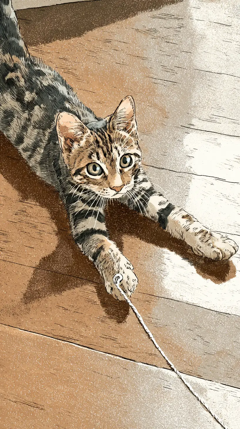 Playful tabby cat leaping toward yarn on wooden floor