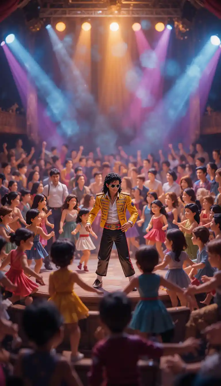 Clay cartoon crowd dancing in a concert hall