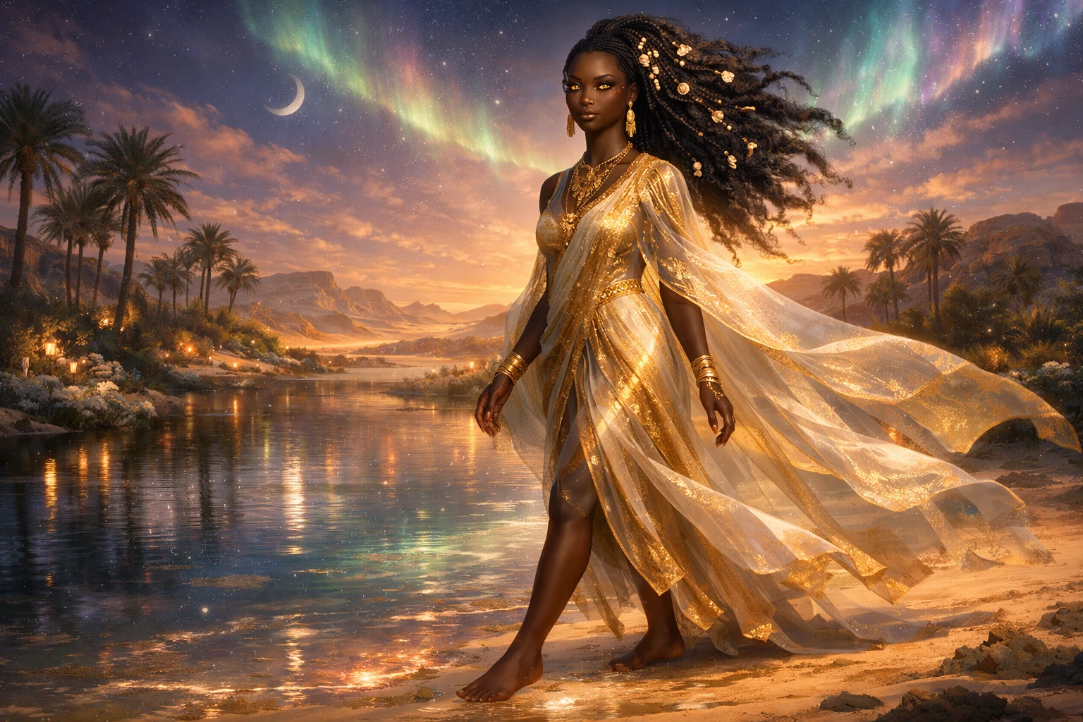 Somali woman walking barefoot through a glowing desert oasis