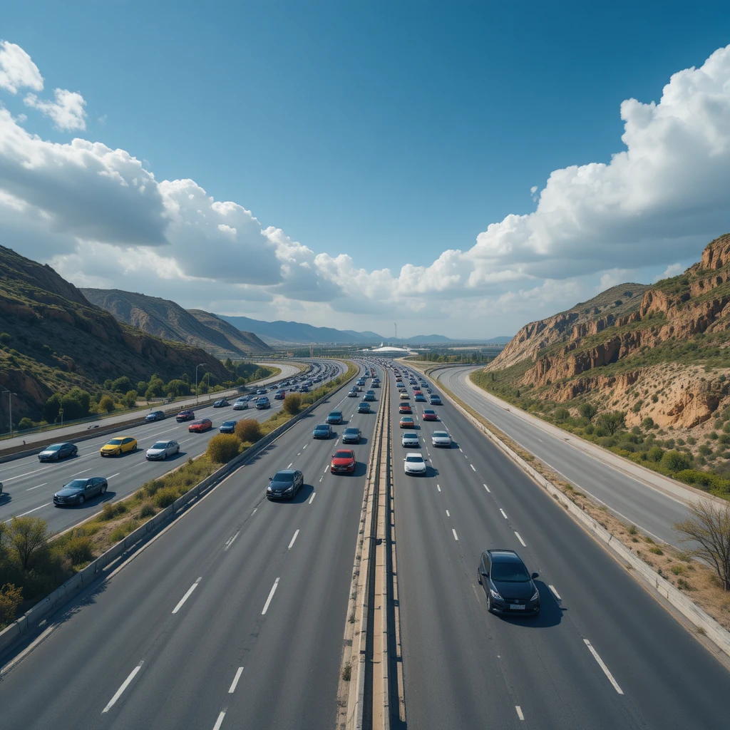 Busy highway with many cars and airport direction signs