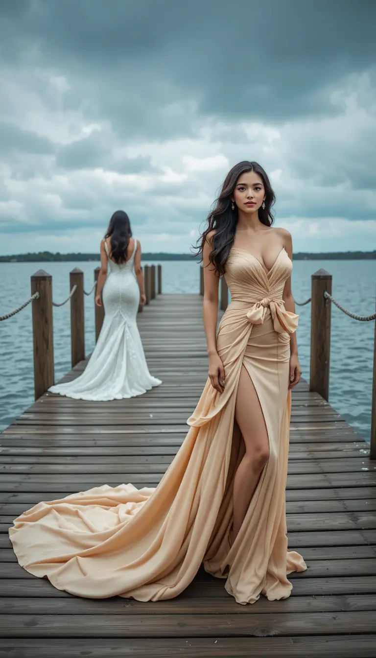 Mulheres elegantes em vestidos esvoaçantes em um píer de madeira