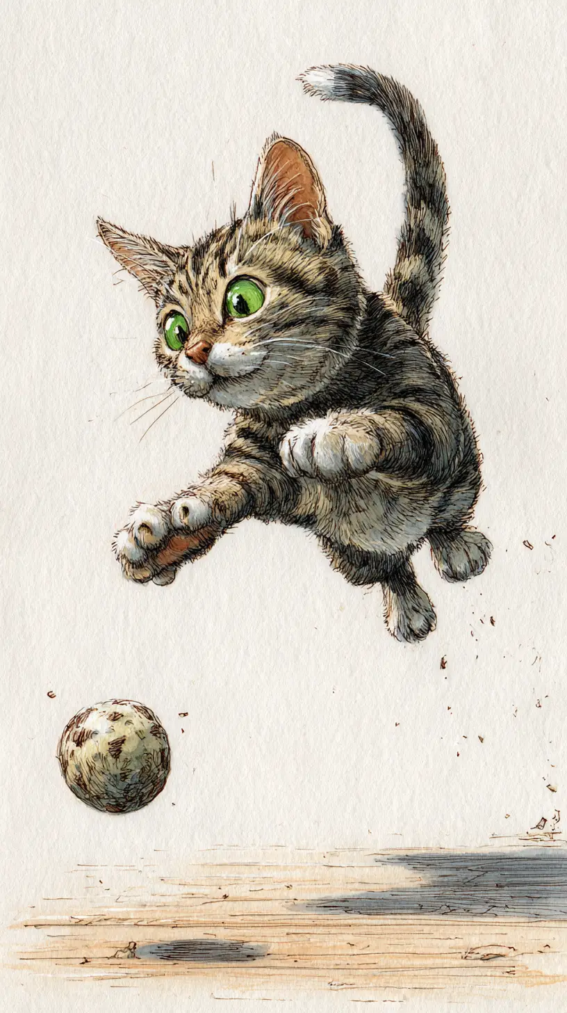 Playful tabby cat leaping toward a toy in watercolor