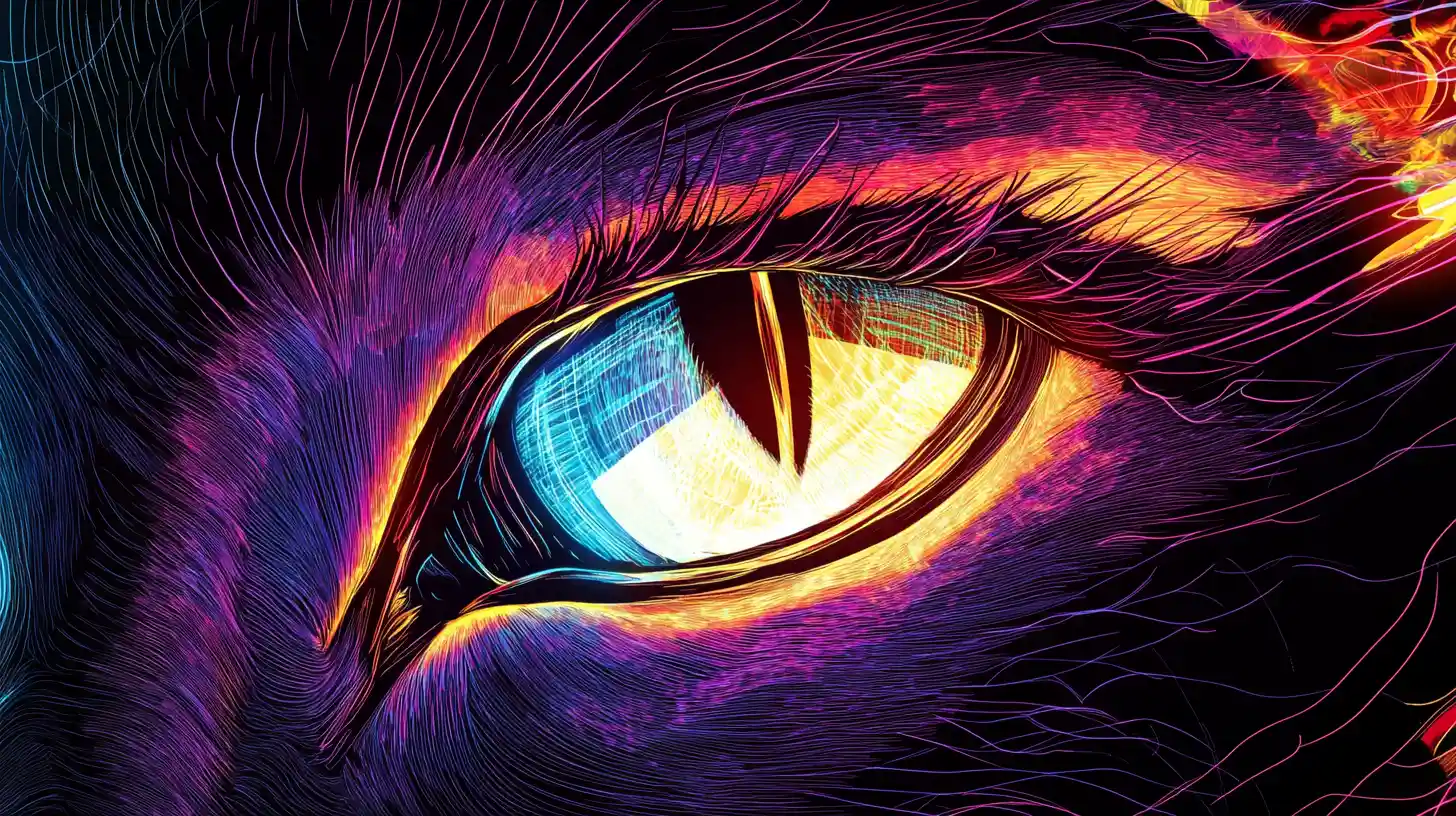 Double exposure neon cat eye portrait on black background