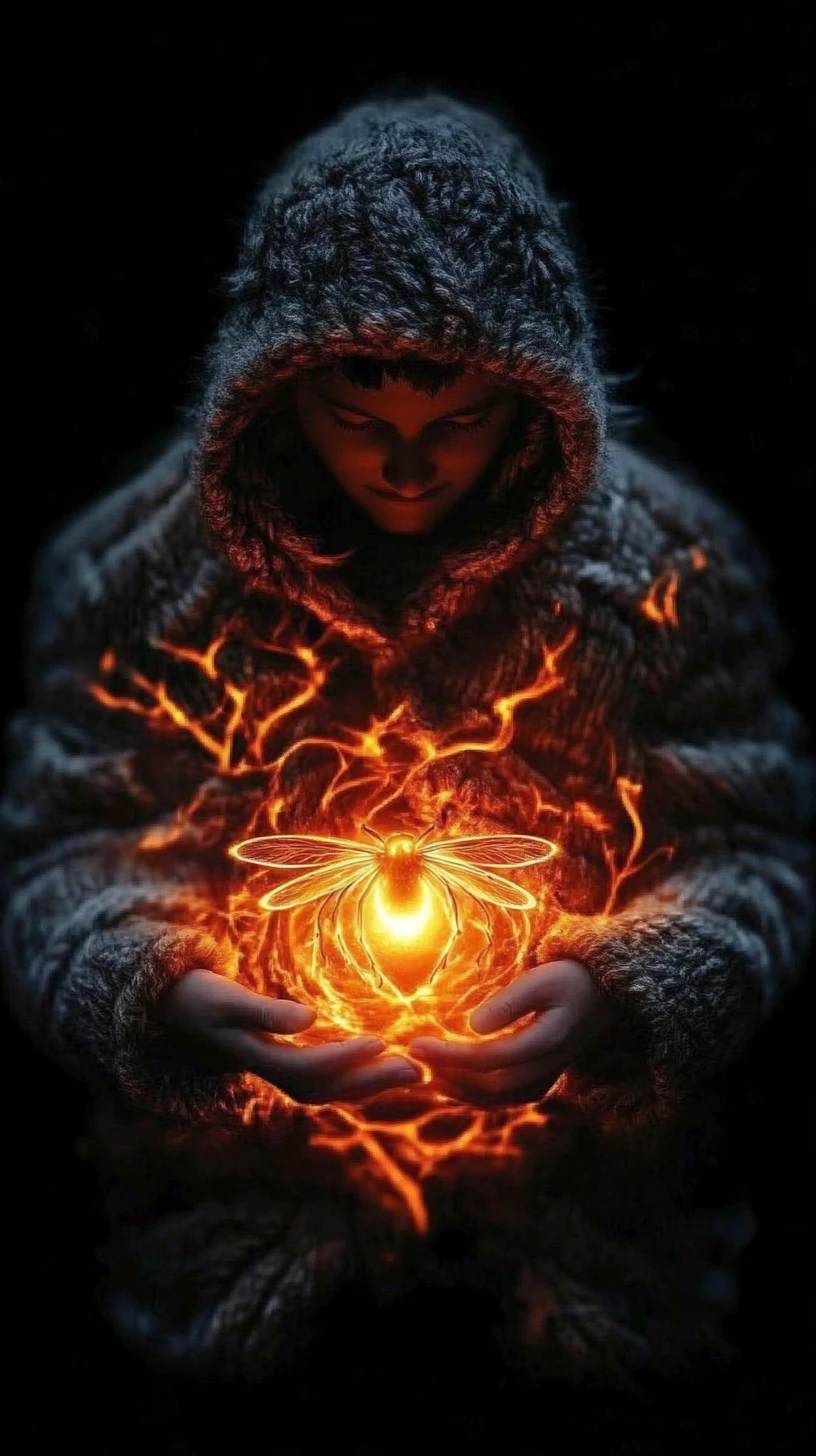 Cozy glowing firefly humanoid in layered night clothing