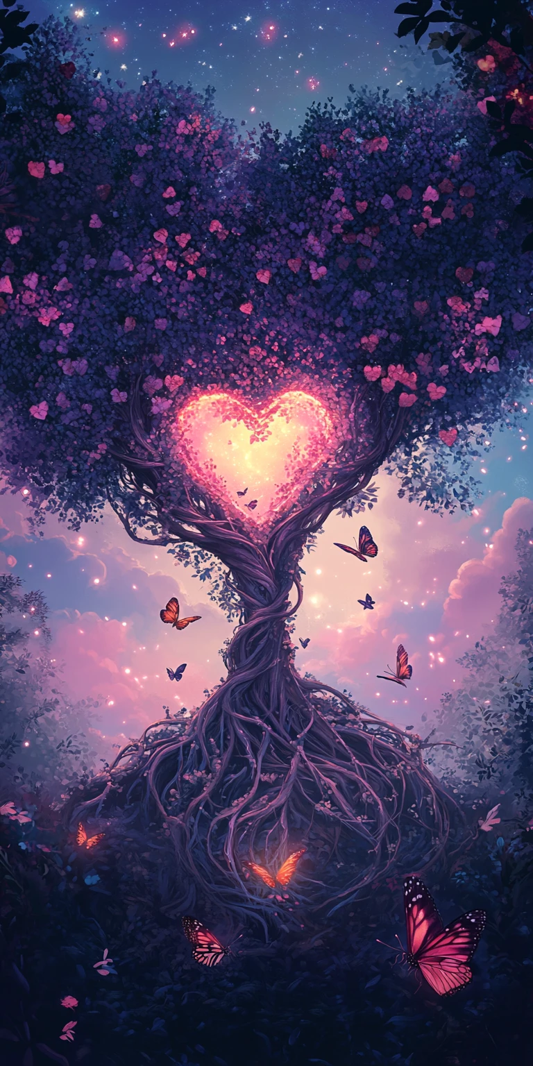Enchanted Tree With Heart Shaped Roots In Twilight Forest