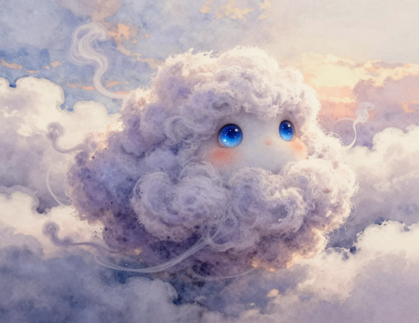 Mystical Pointillist Cloud Creature In A Serene Sunset Sky