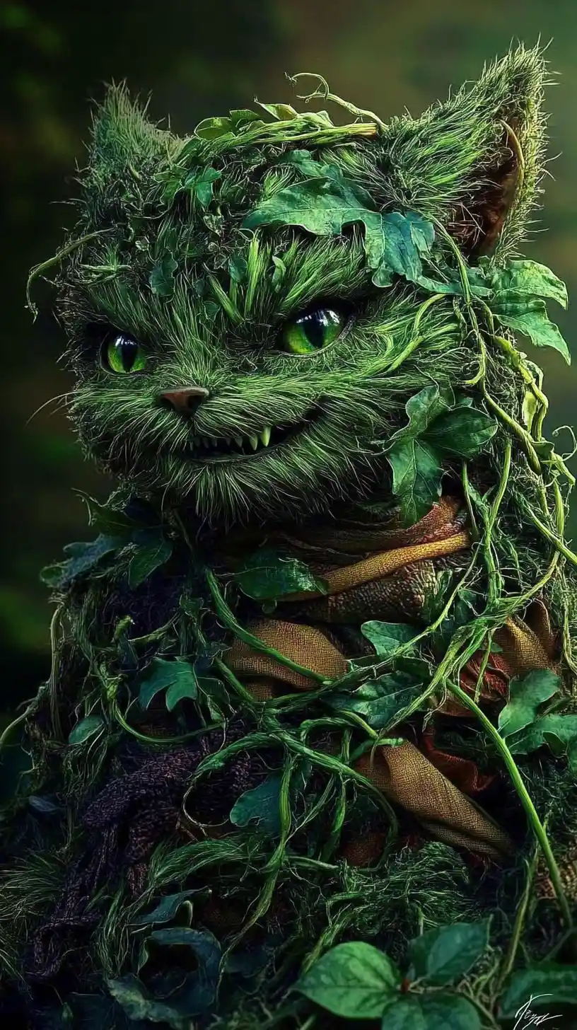 Playful fantasy jungle creature in layered organic fabrics