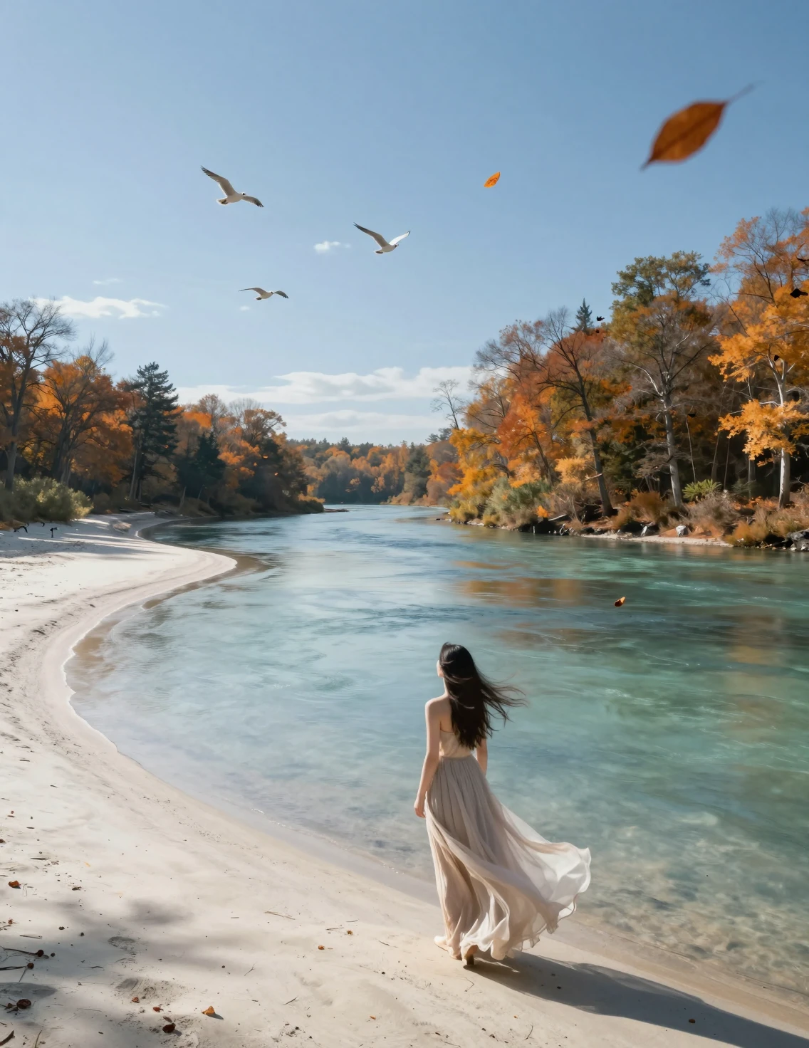 Woman in a flowing gown standing alone above a river