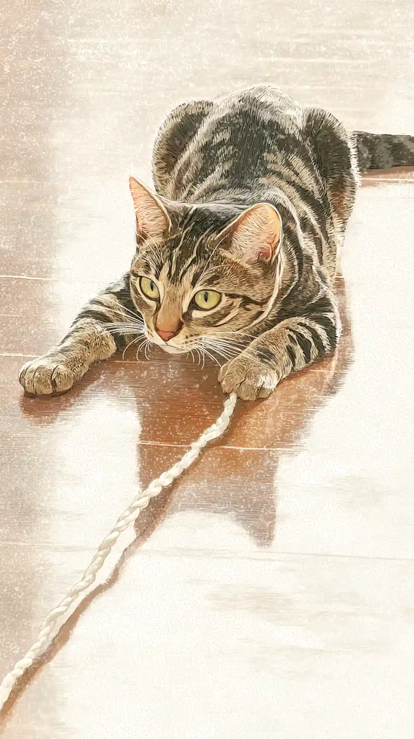 Young tabby cat leaping toward yarn on wooden floor