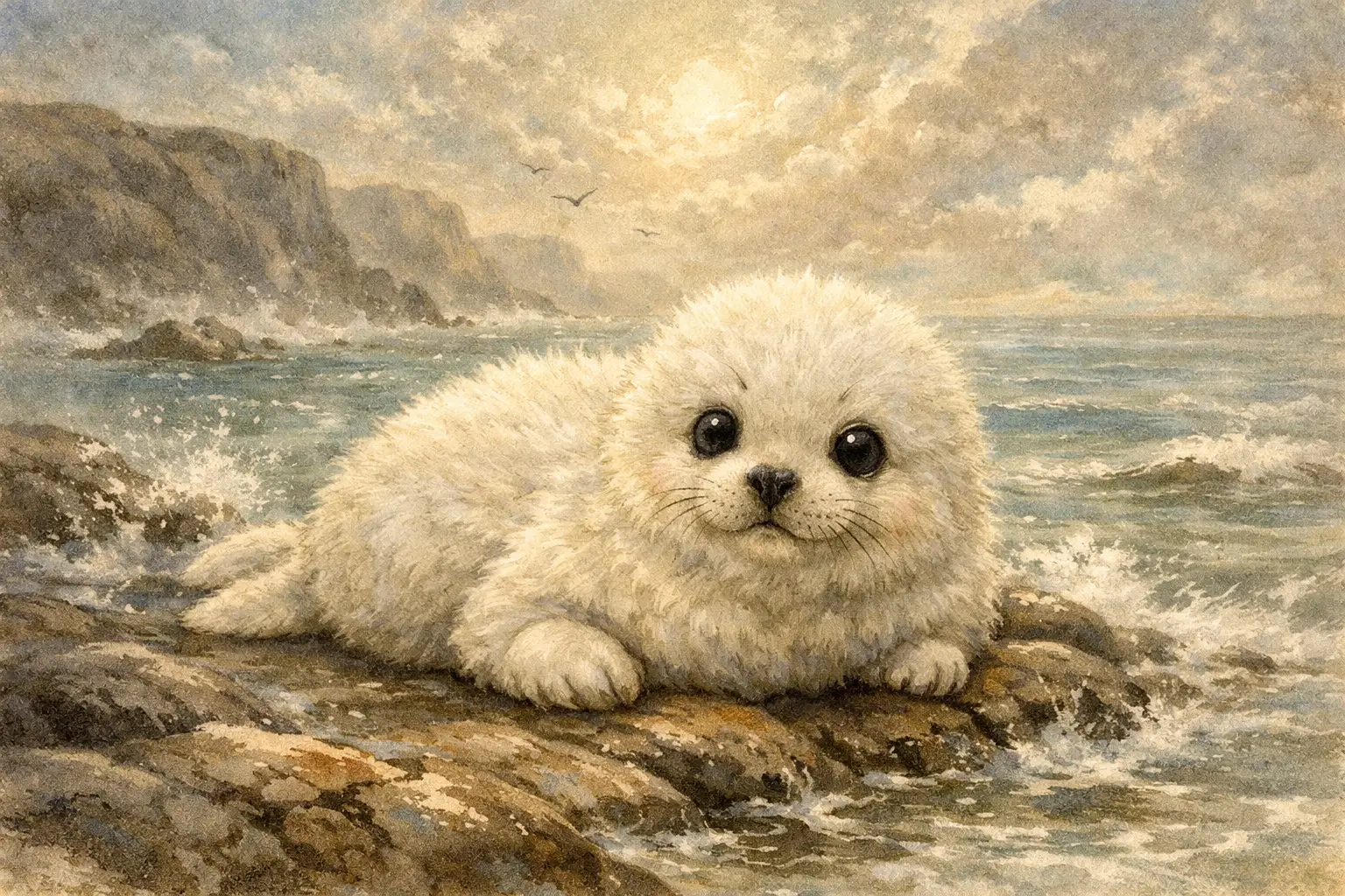 Baby grey seal resting on a rocky shoreline illustration