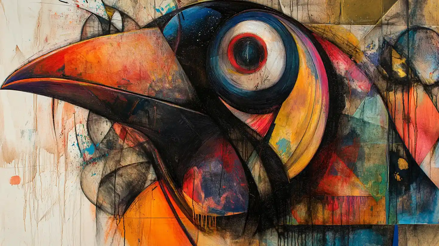 Abstrakter Mixed-Media-Pinguin mit großen geheimnisvollen Augen