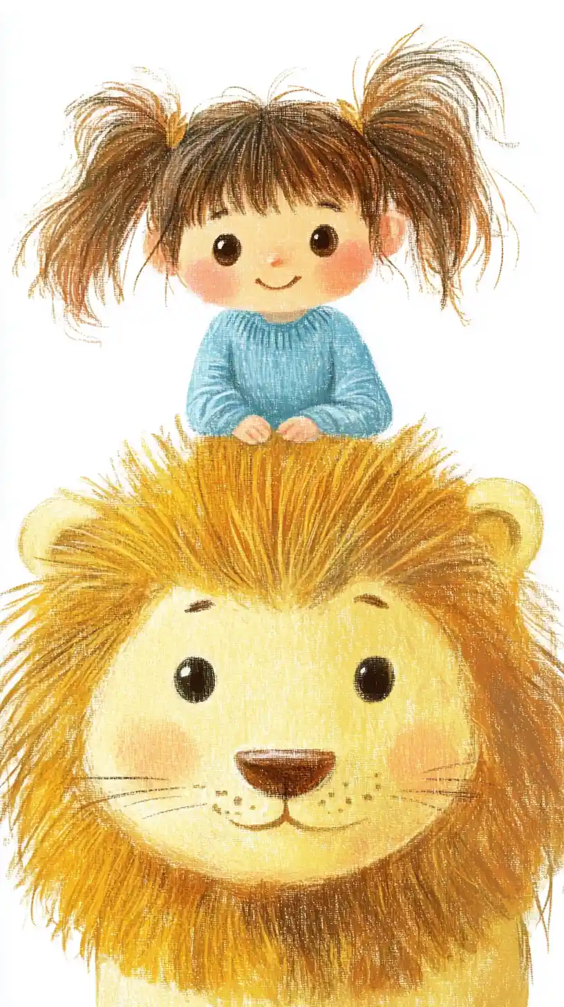 Little girl riding a fluffy yellow lion in gentle illustration