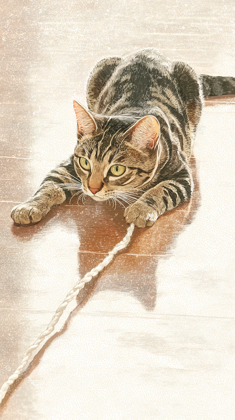 Young tabby cat leaping toward yarn on wooden floor