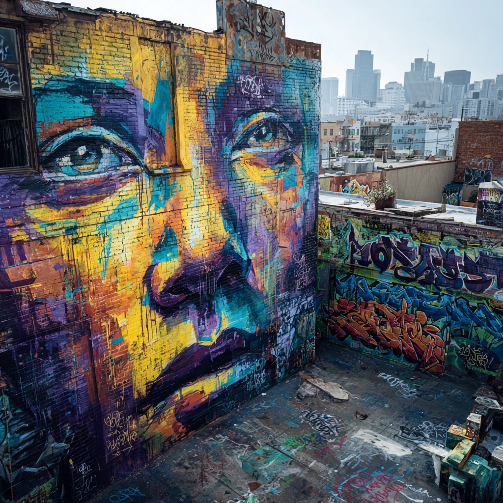 Colorful street art mural with bold abstract face