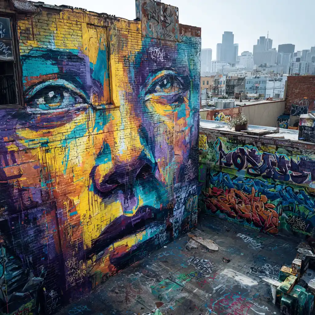 Mural de arte de rua colorido com rosto abstrato e ousado