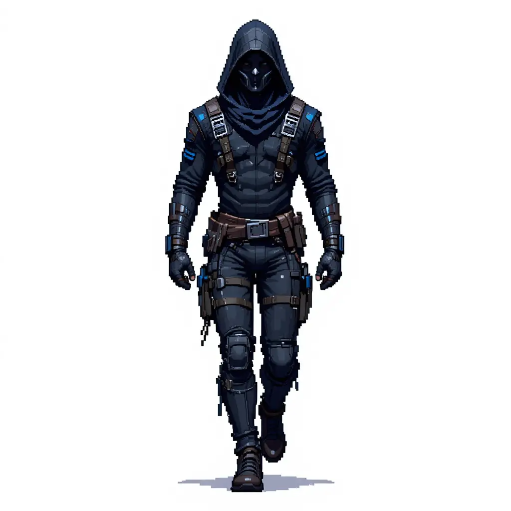 Pixel art male assassin sprite walking on white background