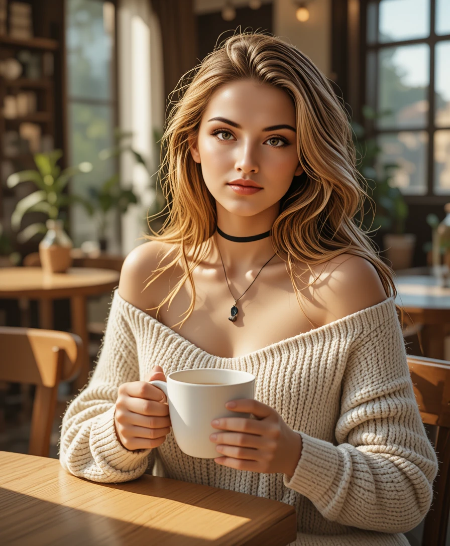 Young woman enjoying coffee in a warm sunlit cafe