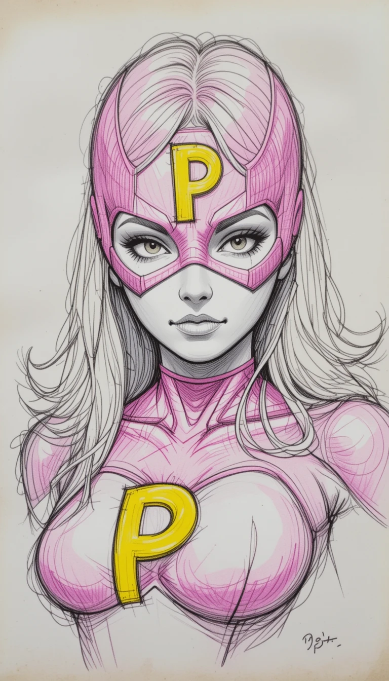 Pencil sketch of a female superhero in a pink mask