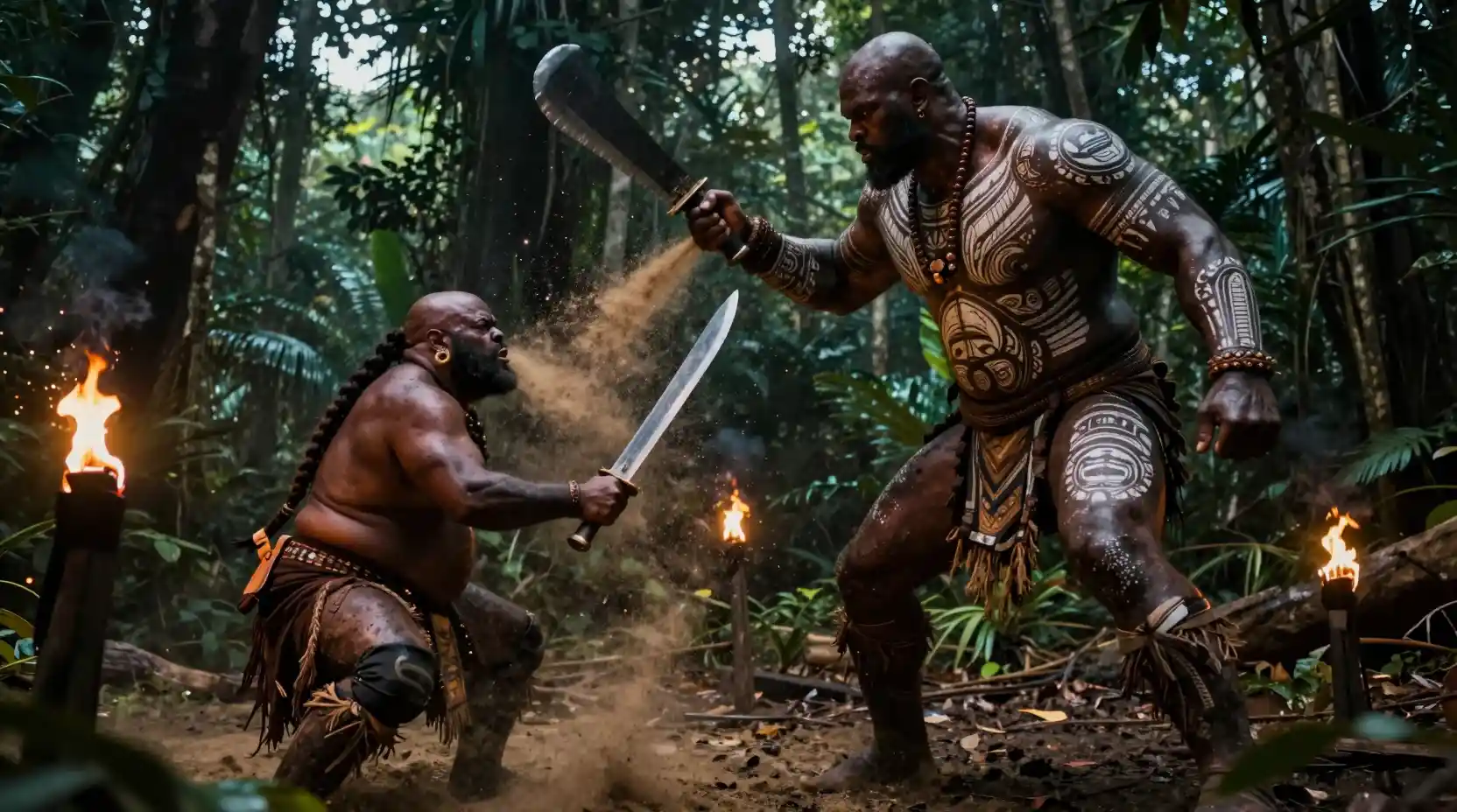 Giant tattooed warrior clashes with foe in rainforest clearing