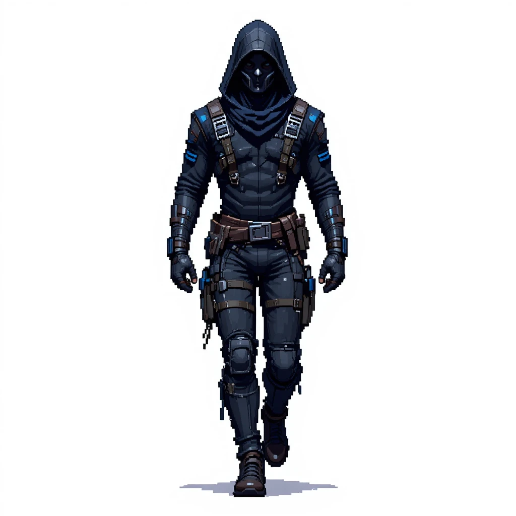 Pixel art male assassin sprite walking on white background