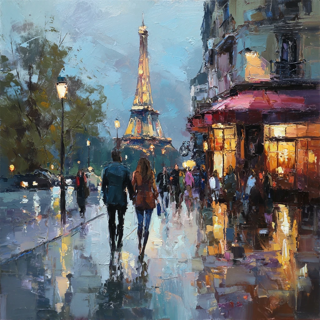 Romantic couple strolling along a Parisian street at dusk