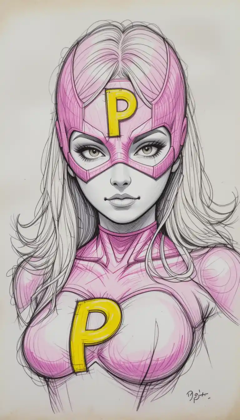 Pencil sketch of a female superhero in a pink mask