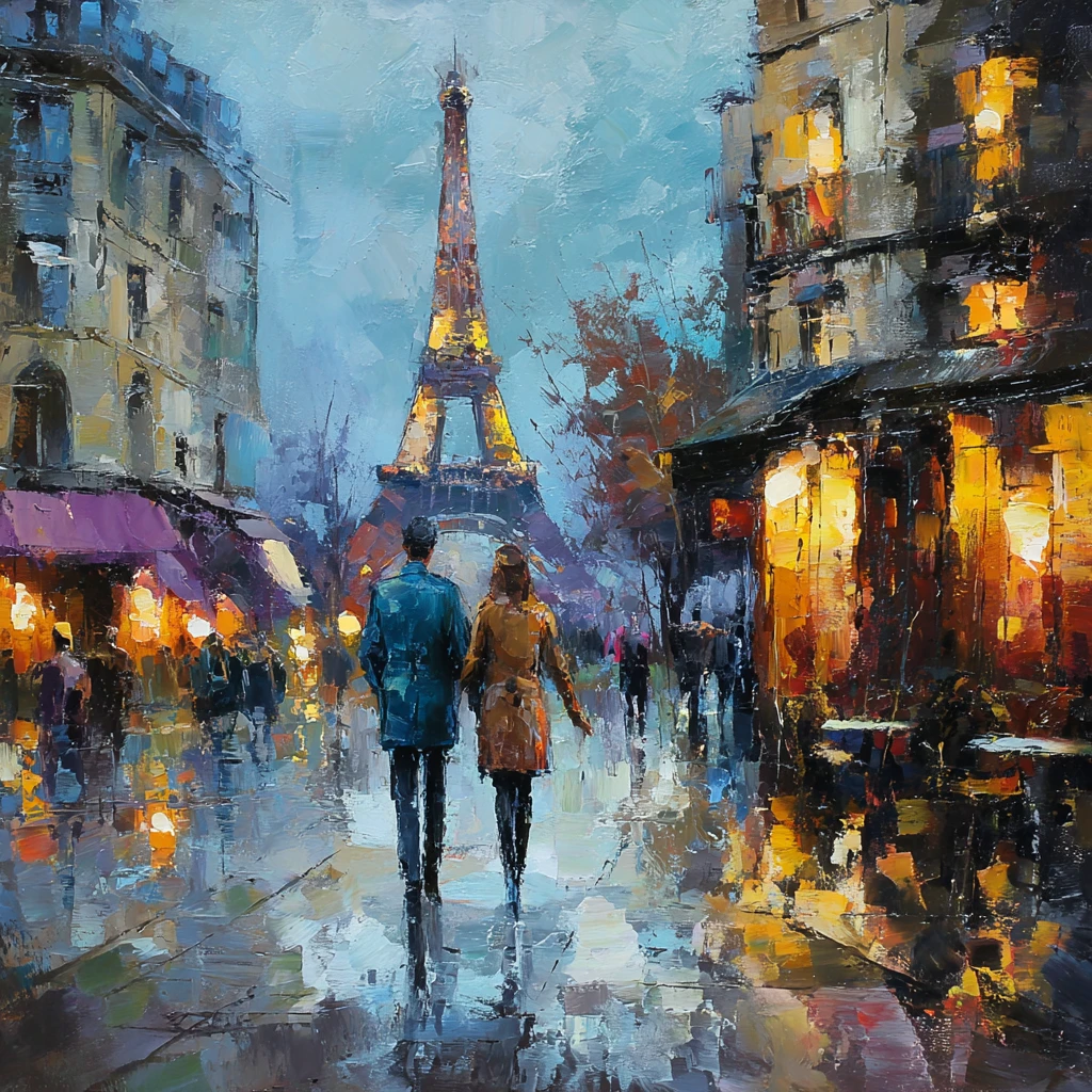 Romantic couple walking on a Paris street at dusk