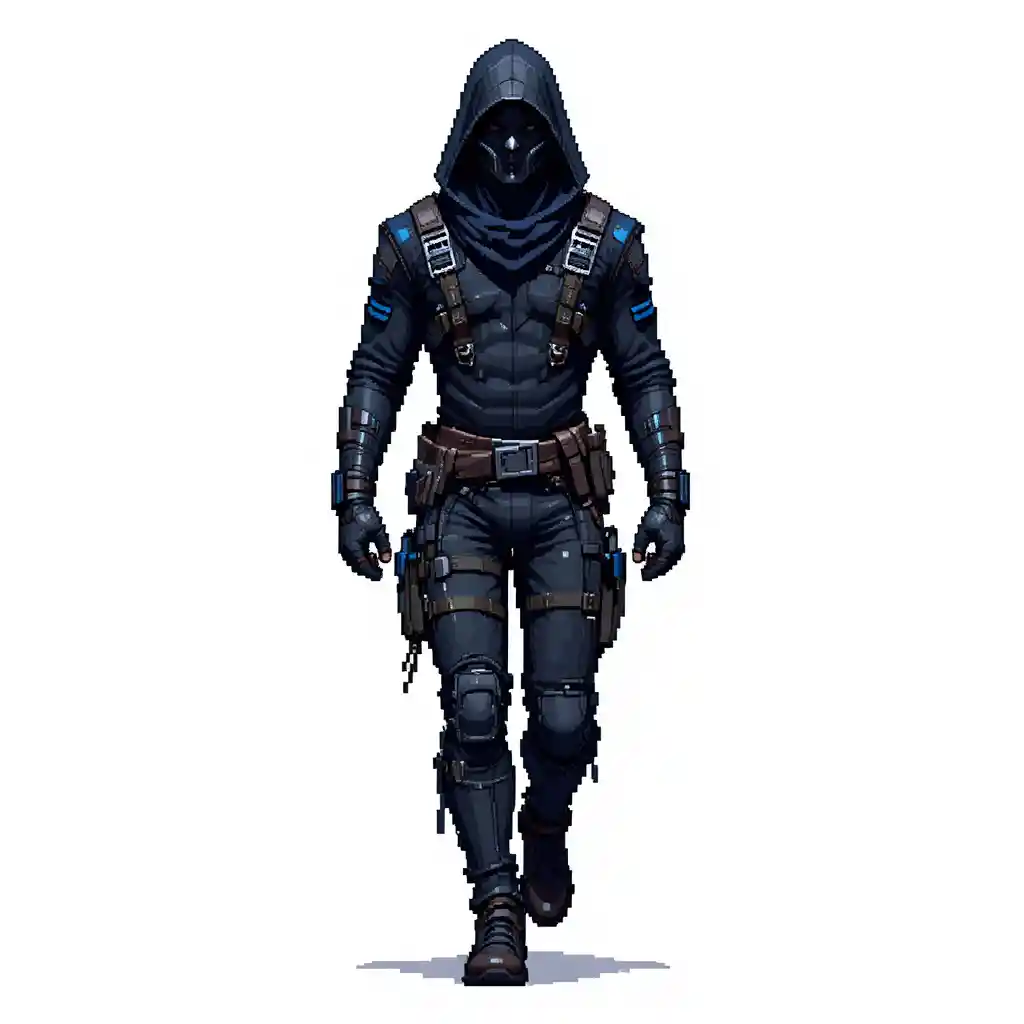 Sprite in pixel art di assassino maschile che cammina su sfondo bianco