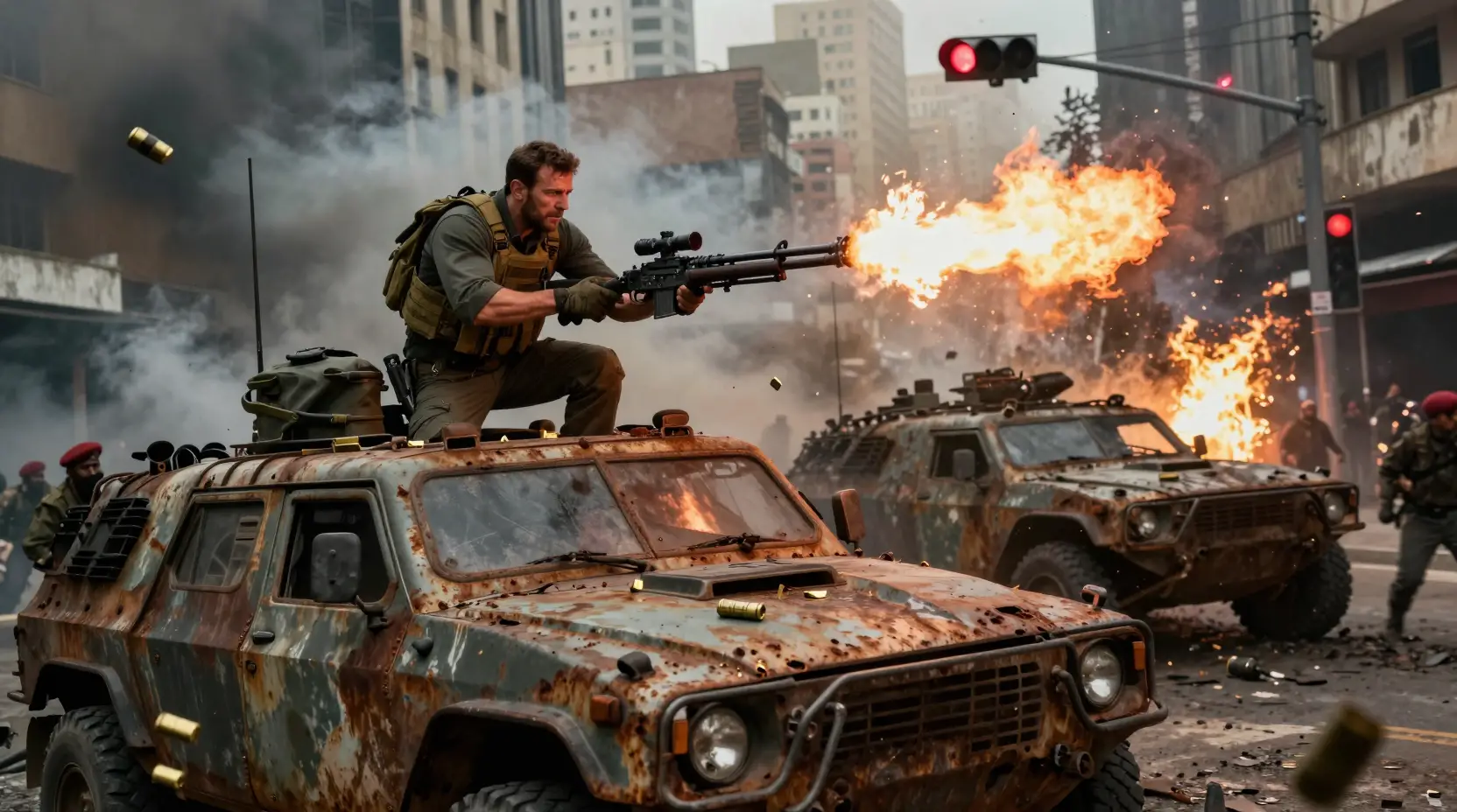 Armored convoy ambushed in a burning urban war zone