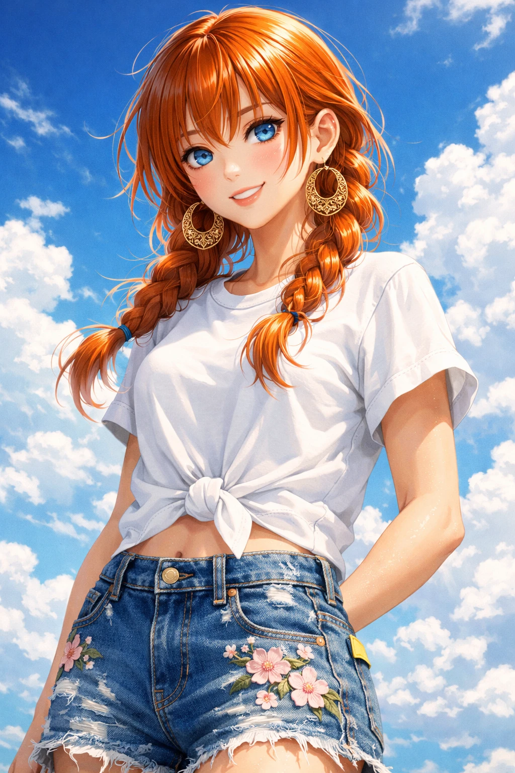 Chica de anime en cielo de verano con trenzas y mezclilla
