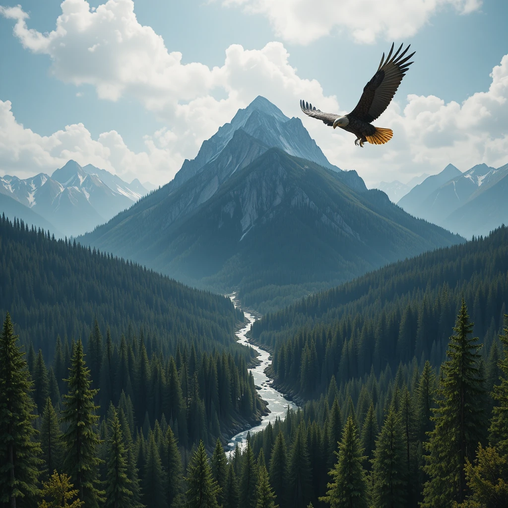 Aerial view of a mountain forest river with soaring eagle