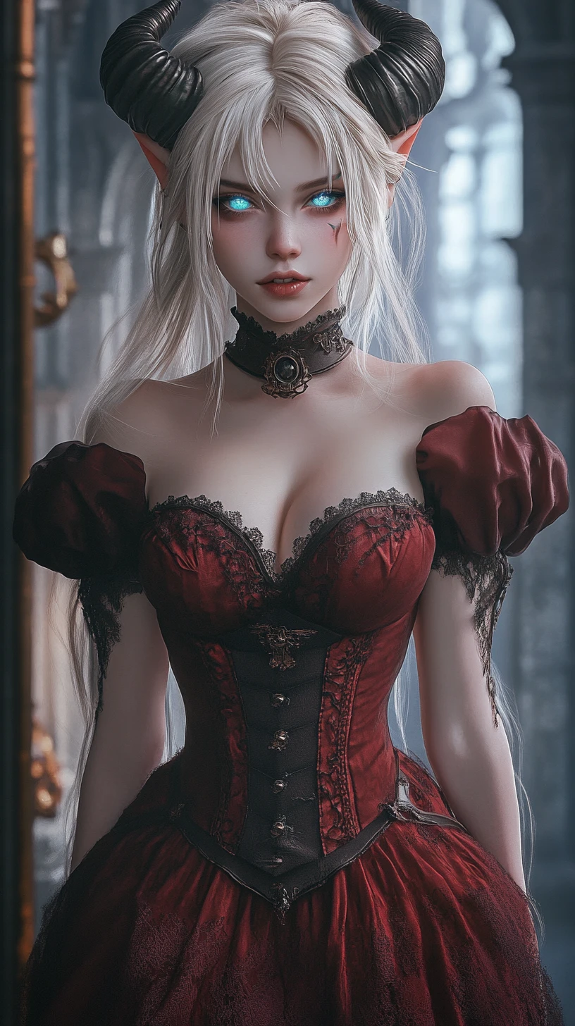 Jeune femme tiefling en robe steampunk rouge foncé