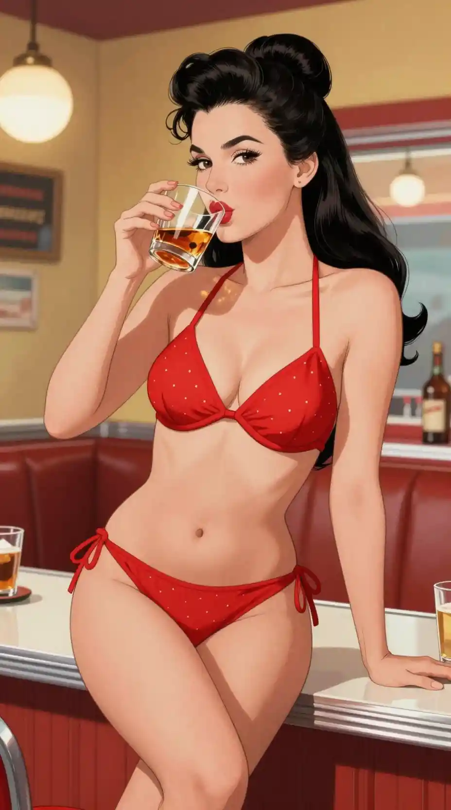 Femme fatale en bikini rojo sobre la barra de un diner vintage