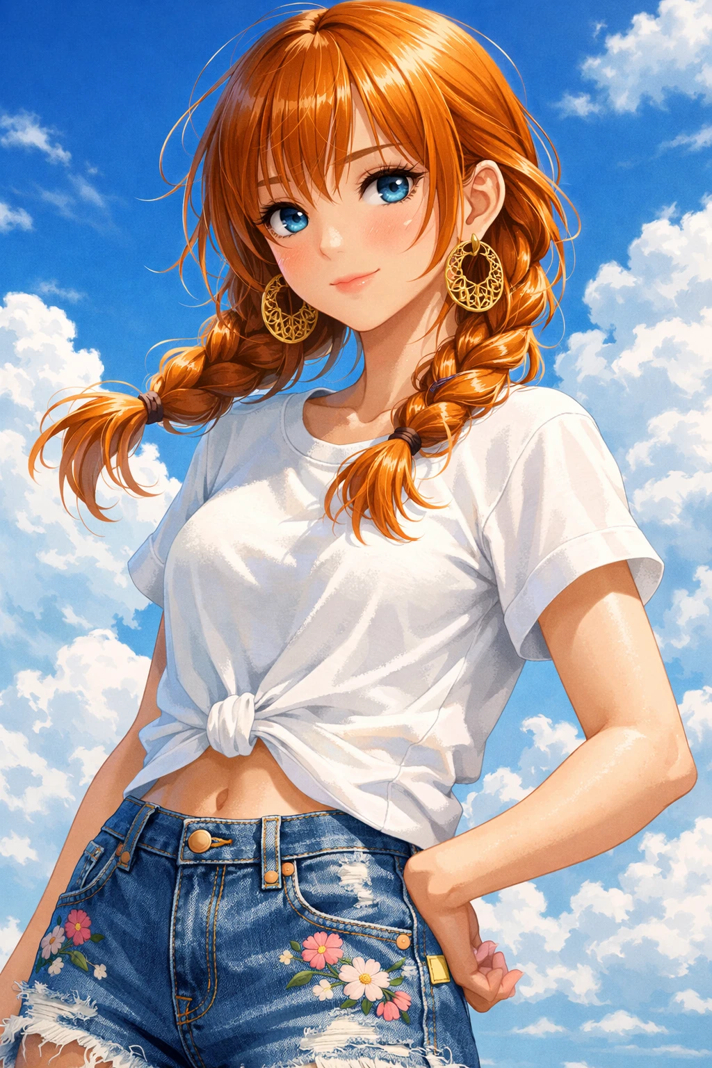 Ginger haired anime girl under bright summer sky