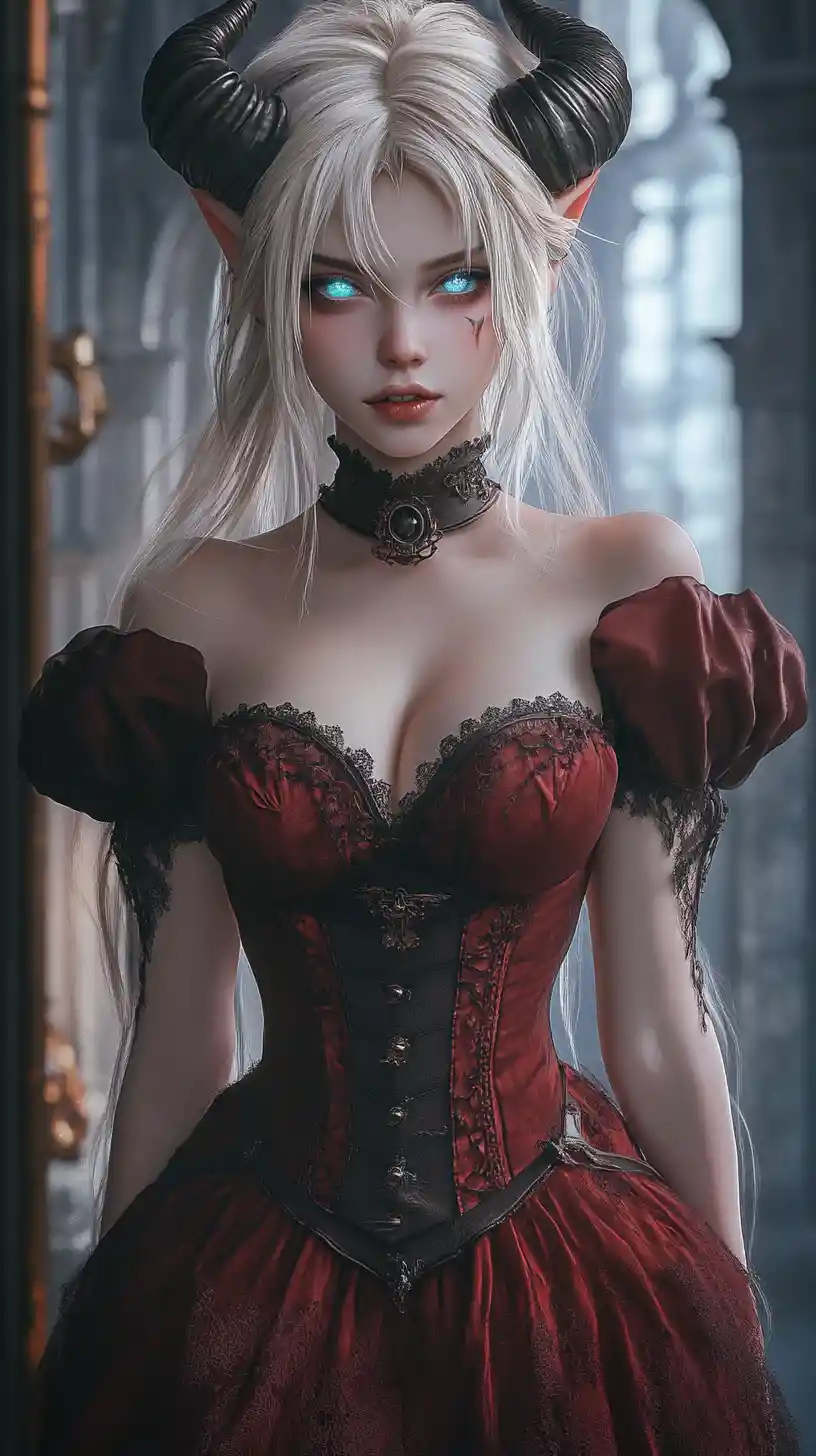 Jeune femme tiefling en robe steampunk rouge foncé