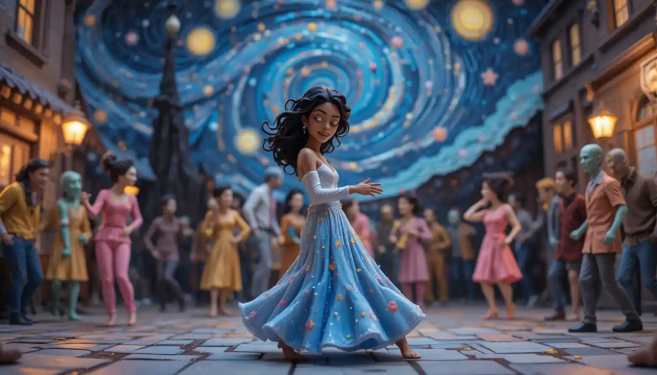 Clay dance scene of a woman under a starry night sky
