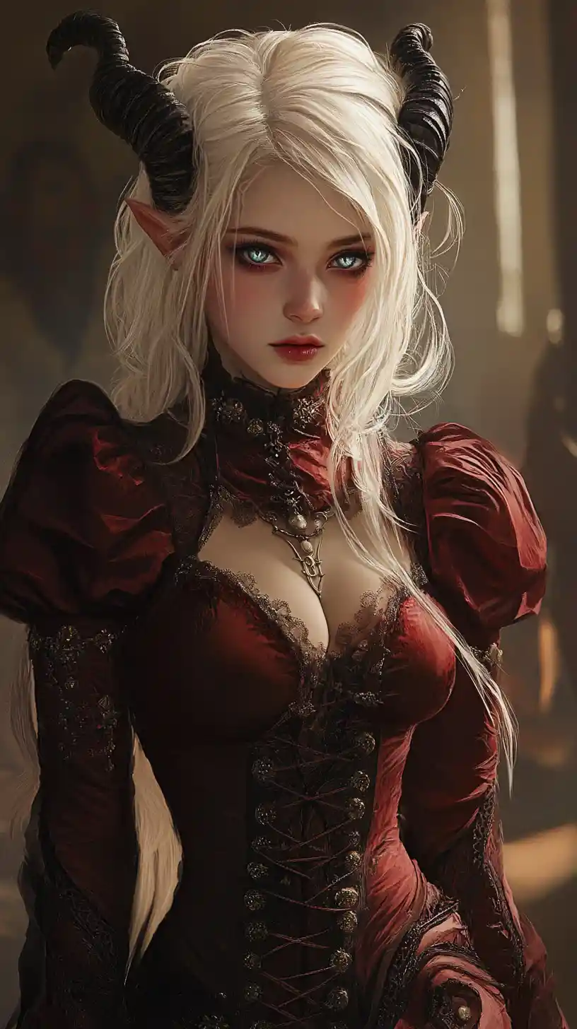 Young tiefling girl in dark red steampunk evening gown