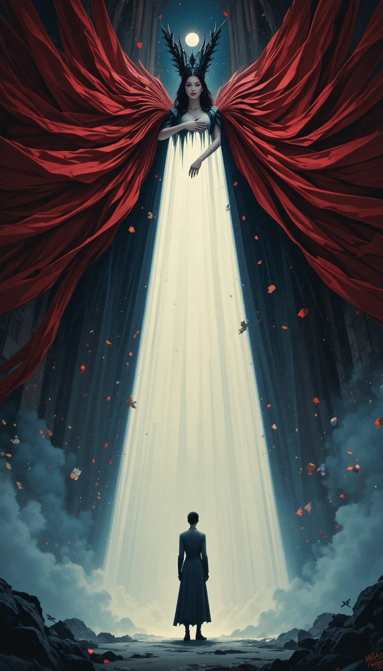 Reine vampire surréaliste dominant une silhouette humaine solitaire