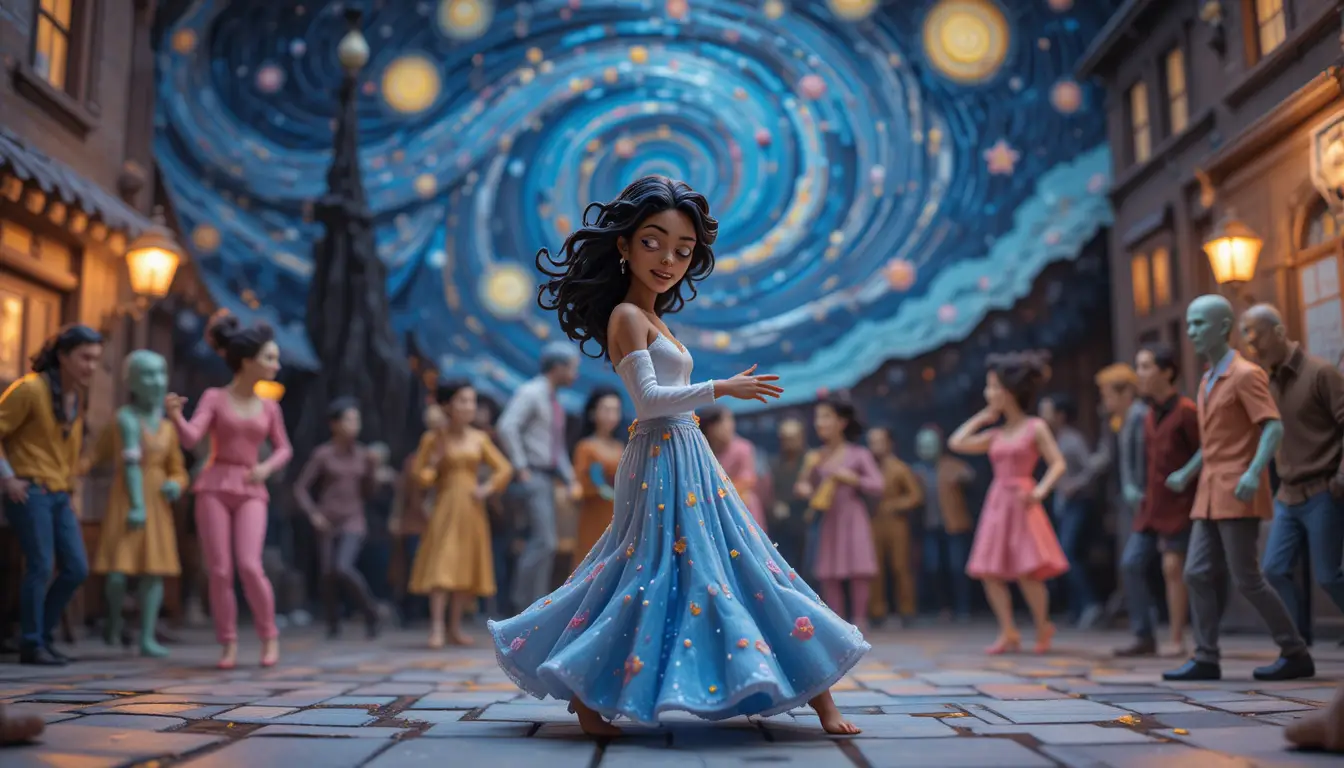 Clay dance scene of a woman under a starry night sky