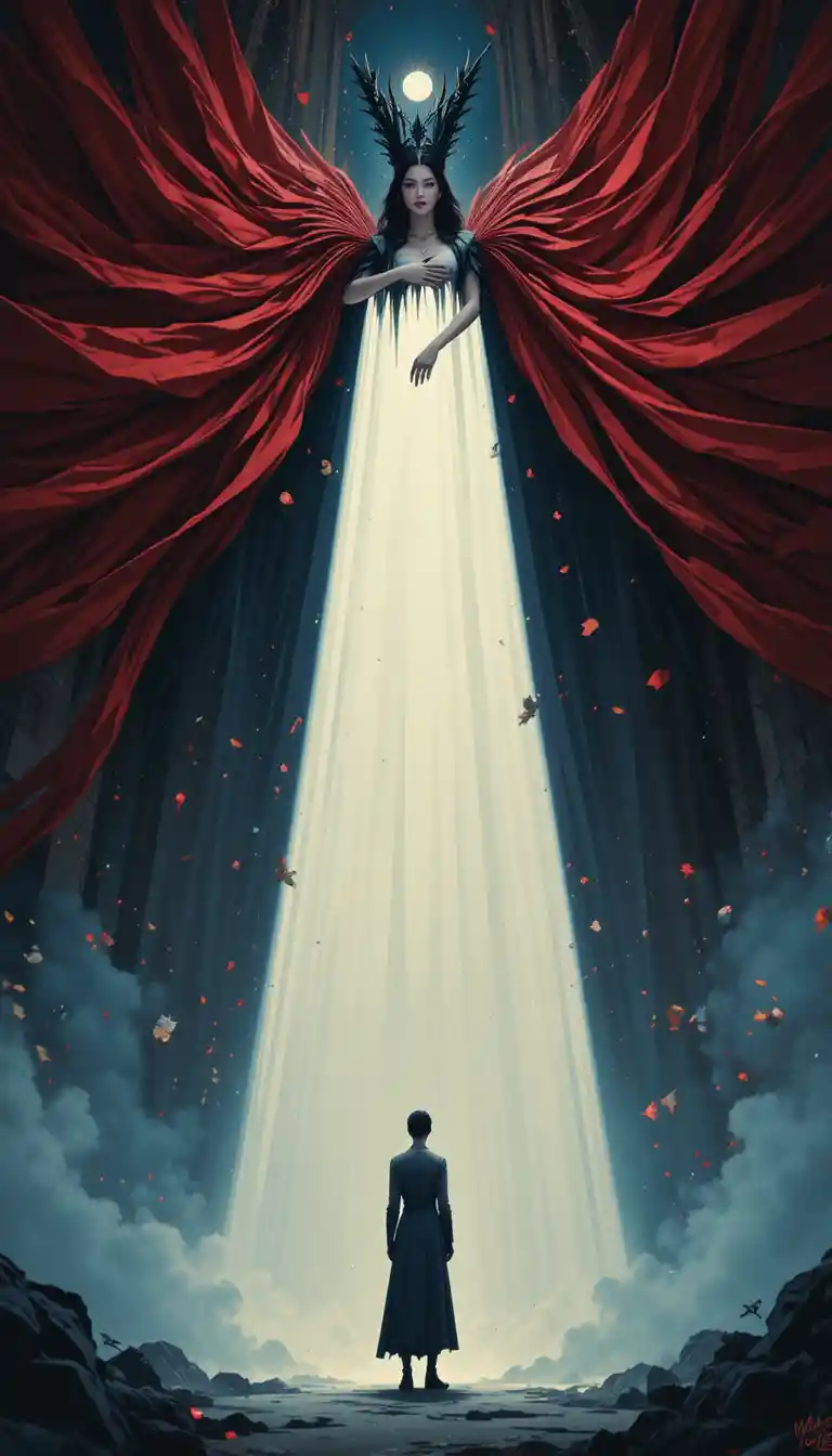 Reine vampire surréaliste dominant une silhouette humaine solitaire