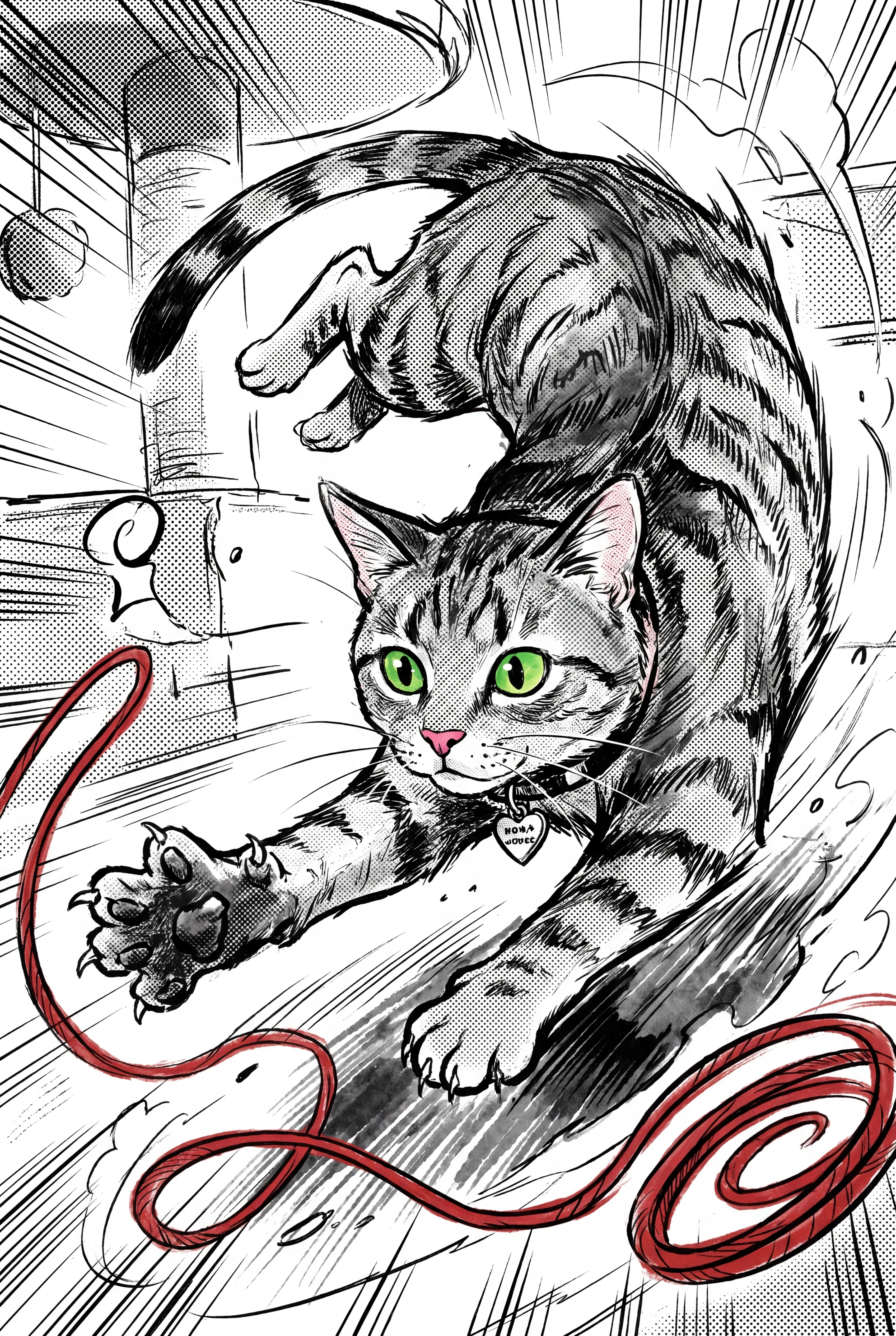 Playful tabby kitten leaping after red yarn in mid air